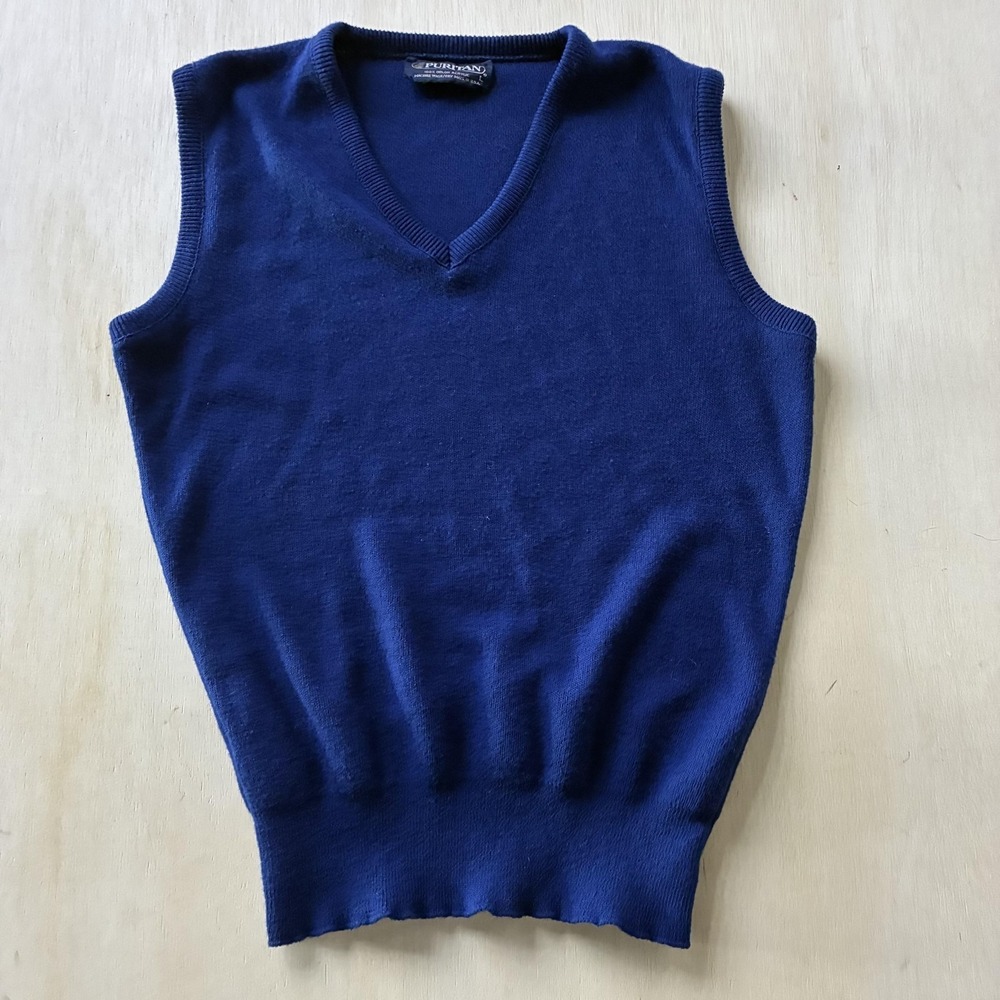 Vintage Puritan Sweater Vest Mens Medium Blue V Neck Tight Knit Orlon Acrylic